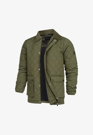 Gevuld olijfgroen jack met een corduroy kraag, twee voorzakken en een ritssluiting. Voorzien van drukknoopsluitingen en een gestructureerde afwerking.