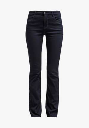 Dunkelblaue Jeans im Slim Fit, aus Denim gefertigt. Verfügt über fünf Taschen, kontrastierende Nähte und einen Standardknopfverschluss.