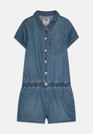 Salopette in denim con maniche corte, colletto, chiusura con bottoni frontali, vita elastica e tasca frontale. Colore blu classico con una consistenza liscia.