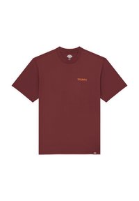 Bordó bavlněné tričko s krátkými rukávy, kulatým výstřihem a malým oranžovým logem "DICKIES" na hrudi. Hladká textura, neformální design.