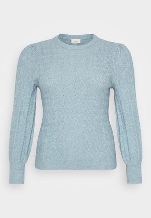 Light blue knitted sweater with wavy textured pattern, long puffed sleeves, ribbed cuffs, and round neckline.