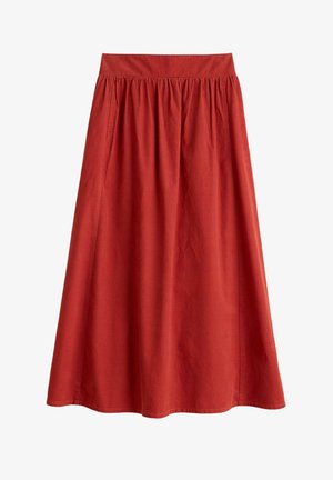 Dolga, rjavkasta krilo z nabranim pasom, stranskimi žepi in razširjeno silhueto, izdelana iz kordnega blaga.