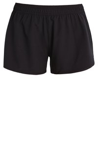 Schwarze Badeshorts aus leichtem, glattem Gewebe mit elastischem Bund und abgerundetem Saum, entworfen für Komfort und Bewegungsfreiheit.