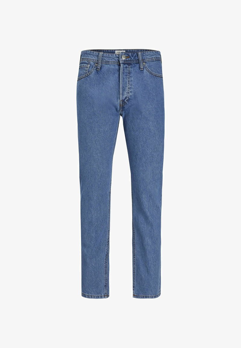 Jeans de mezclilla azul con corte recto, que presentan un diseño clásico de cinco bolsillos, cierre de botón metálico y costuras visibles a lo largo de las costuras.