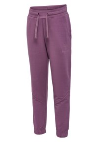 Pantalon de survêtement violet en tissu doux, avec une taille élastique et des cordons de serrage, des poignets côtelés et un détail de logo subtil.