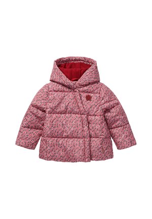 Rosa gesteppte Kleinkindjacke mit Kapuze, ausgestattet mit einem kleinen Blumenmuster und roten Fleecefutter.