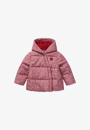 Roze gewatteerde peuterjas met capuchon, voorzien van een klein bloempatroon en een rode fleece voering.