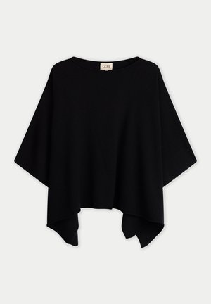 Schwarzer Wollponcho mit weiten Seitenteilen und asymmetrischem Saum, ausgestattet mit einem runden Ausschnitt und einem Etikett mit der Aufschrift "GOBI" am Kragen.