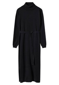 Robe noire en maille avec un col montant, des manches longues et une ceinture à la taille. Dotée d'une fente latérale pour faciliter les mouvements et d'un tissu texturé.