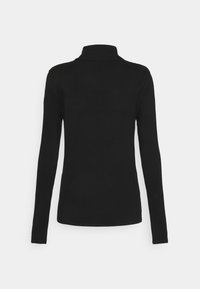 Svart långärmad turtlenecksweater med en figursydd silhuett, visad på en vit bakgrund.