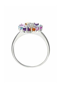Anello in argento con un design a fiore, decorato con gemme colorate tra cui rosa, viola e arancione, e al centro un grappolo di piccole pietre bianche.