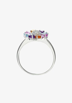Silberring mit einem Blumendesign, verziert mit bunten Edelsteinen in Rosa, Lila und Orange, in der Mitte mit einem Cluster aus kleinen weißen Steinen.