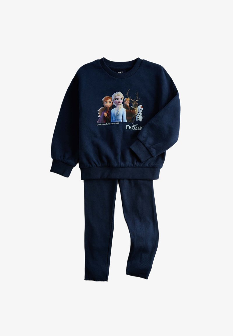 Granatowy sweter z elastycznymi mankietami z grafiką z motywem filmu "Kraina Lodu". Dopasowane granatowe legginsy o gładkiej fakturze. Odpowiednie dla dzieci.