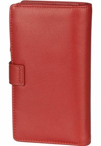 Portefeuille en cuir rouge avec une finition texturée, doté d'un rabat sécurisé et d'accents de couture le long des bords. Forme rectangulaire compacte.