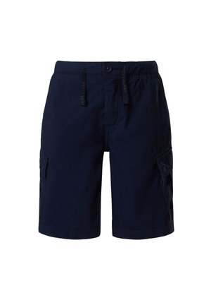 Pantaloncini cargo blu navy con vita con bottone e coulisse, dotati di tasche laterali con patta e chiusura frontale con cerniera.
