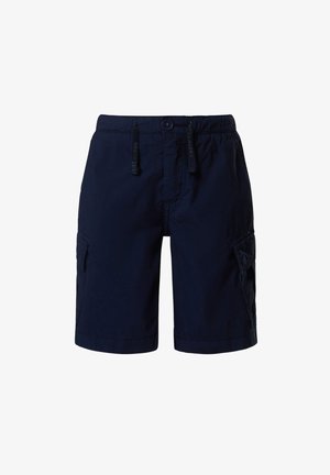 Shorts cargo bleu marine avec taille à bouton et cordon de serrage, dotés de poches à rabat latérales et d'une braguette zippée à l'avant.