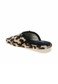 Zapatillas de casa de estampado de leopardo, con un exterior suave y peludo, ribetes negros y una plantilla acolchada. Presentan una punta redonda y suela plana.
