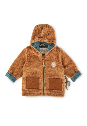 Beige Fleece-Jacke mit Kapuze, petrolfarbener Steppfütterung, braunen Kunstledertaschen und einem Reißverschluss vorne. Verfügt über ein dekoratives Abzeichen.