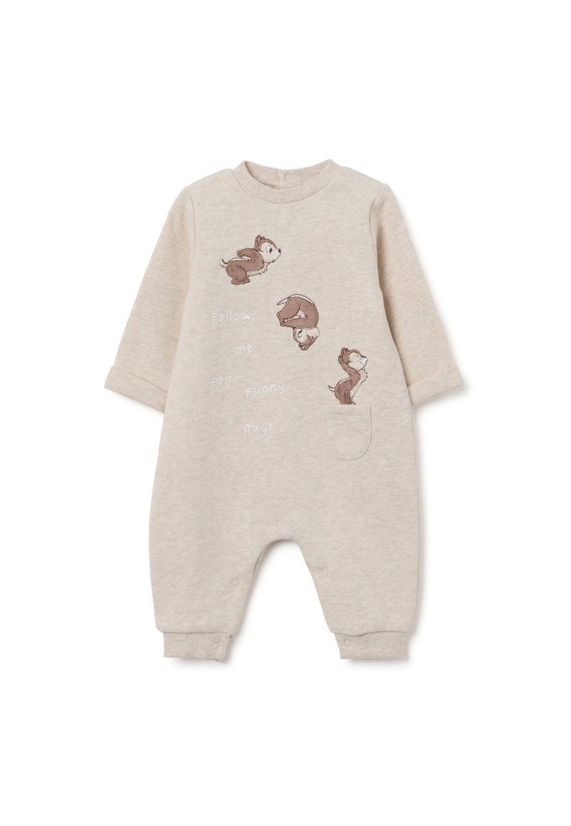 Beige Baumwollbabystrampler mit langen Ärmeln, der Tierillustrationen und Text zeigt. Enthält eine kleine Tasche und Druckknöpfe.