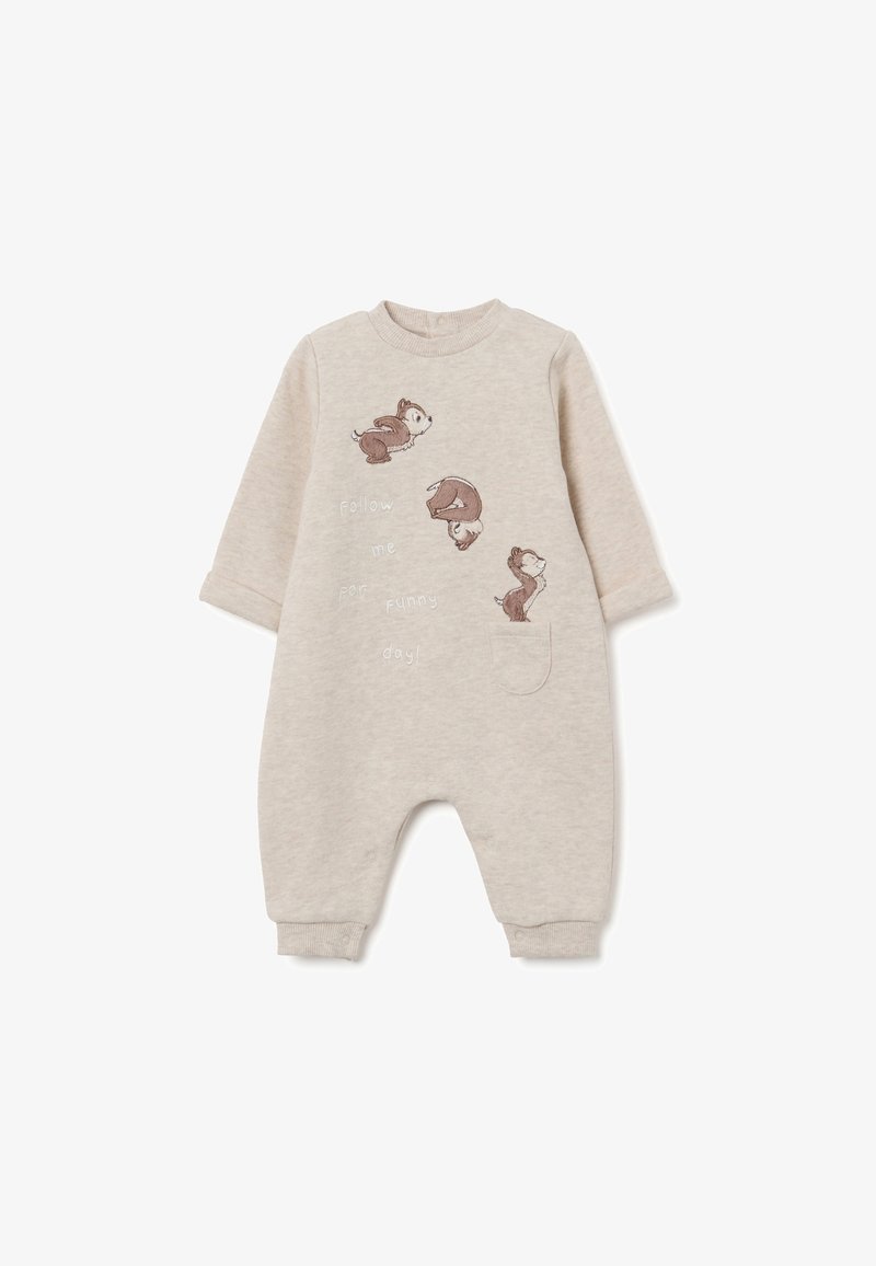 Beige Baumwollbabystrampler mit langen Ärmeln, der Tierillustrationen und Text zeigt. Enthält eine kleine Tasche und Druckknöpfe.