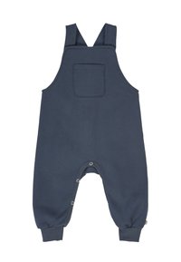 Navy blue cotton dungarees with adjustable straps, a front pocket, snap closures at the legs, and ankle cuffs. Smooth texture and casual design.