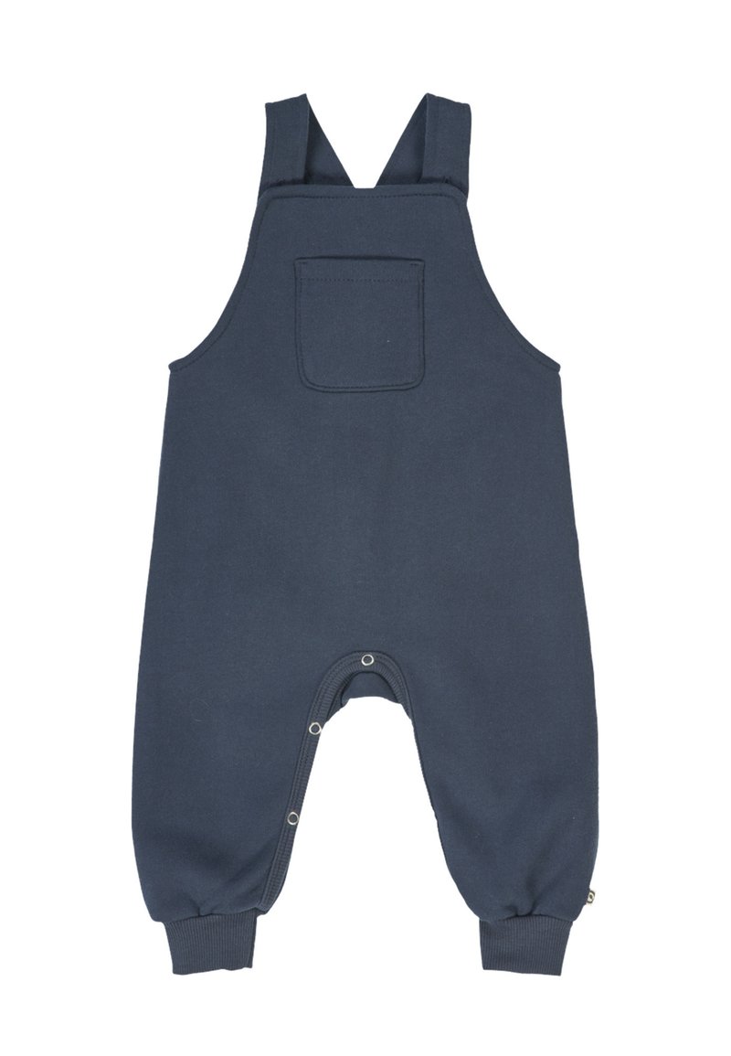 Navy blue cotton dungarees with adjustable straps, a front pocket, snap closures at the legs, and ankle cuffs. Smooth texture and casual design.