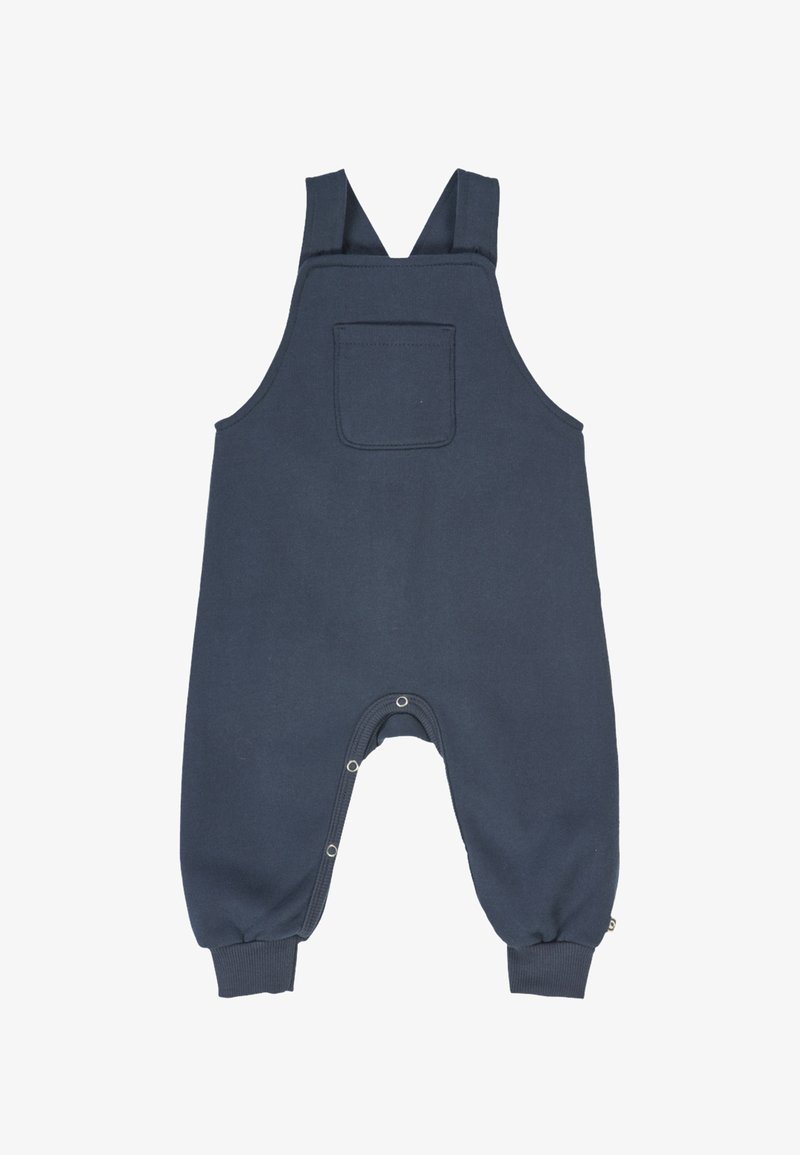 Navy blue cotton dungarees with adjustable straps, a front pocket, snap closures at the legs, and ankle cuffs. Smooth texture and casual design.