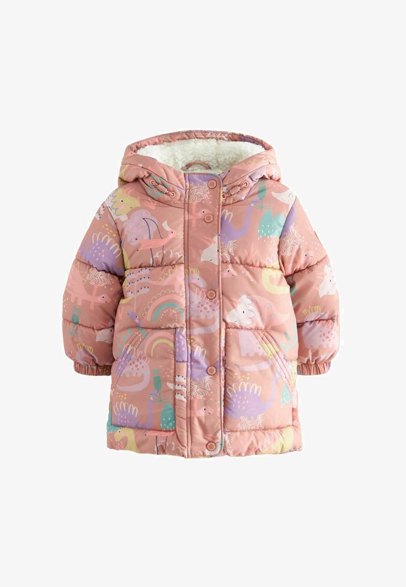 Roosa puff jakker, millel on pehme ja luksuslik vooder, dinoosorimustrid pehmes toonides, kapuuts ja nupuga kinnitused.
