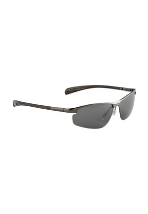 Sporty half-rimmed sunglasses with dark curved lenses and thin metallic arms, angled to show side and front details.