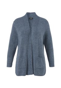 Blauwe open voorzijde gebreide cardigan met lange mouwen en twee voorzakken, weergegeven tegen een witte achtergrond.