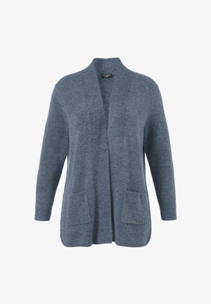Blue open-front knit cardigan with long sleeves and two front pockets, displayed against a white background.