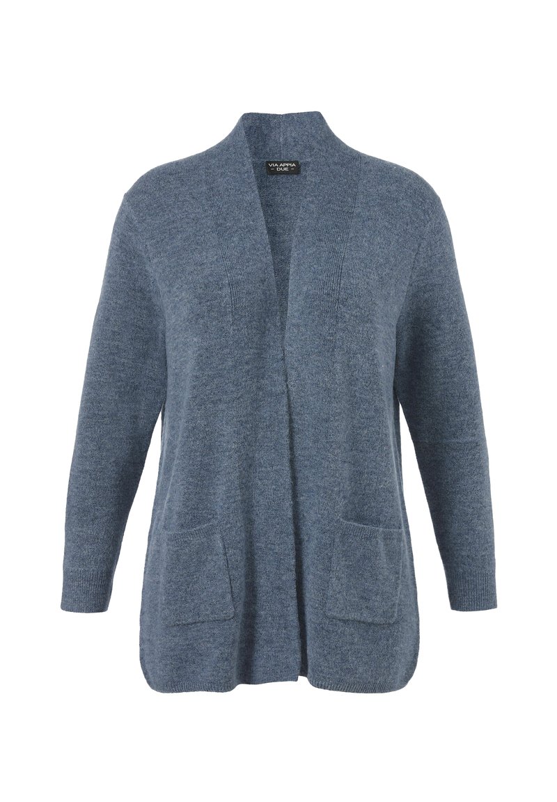 Blauwe open voorzijde gebreide cardigan met lange mouwen en twee voorzakken, weergegeven tegen een witte achtergrond.