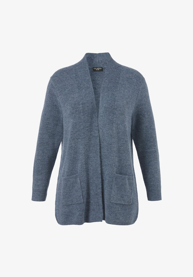 Blauwe open voorzijde gebreide cardigan met lange mouwen en twee voorzakken, weergegeven tegen een witte achtergrond.