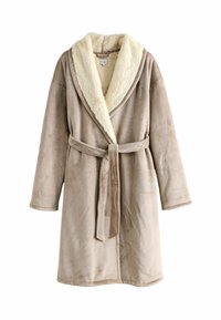 Accappatoio beige con texture morbida, colletto a scialle e cintura annodata in vita. Presenta un morbido rivestimento di pelliccia a contrasto sul colletto.