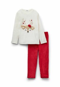 Weißes Fleecepullover mit langen Ärmeln, verziert mit einem Rentiergesicht und roten Akzenten, kombiniert mit passenden roten Fleece-Hosen, beide weich und gemütlich im Griff.