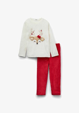 White fleece long-sleeve top with a reindeer face and red accents, paired with matching red fleece pants, both soft and cozy in texture.
