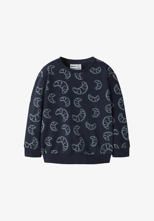 Sweatshirt bleu marine en coton, orné d'un motif de formes en croissant gris contrastant. Poignets et ourlet côtelés, col rond.