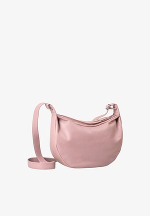 Rosa Leder-Schultertasche mit geschwungenem Design, verstellbarem Trageriemen und Reißverschluss oben. Glatte Textur mit dezentem Glanz.