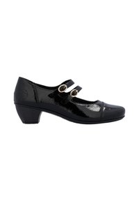 Scarpa bassa in pelle verniciata nera con due sottili cinturini fibbiati sulla parte superiore, punta tondeggiante e logo impresso sul tallone.