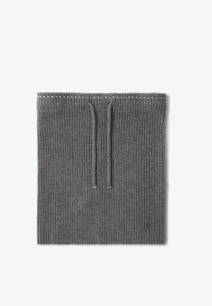 Gray ribbed fabric neck gaiter with two drawstrings and contrasting stitching. Features a small logo at the bottom right corner.
