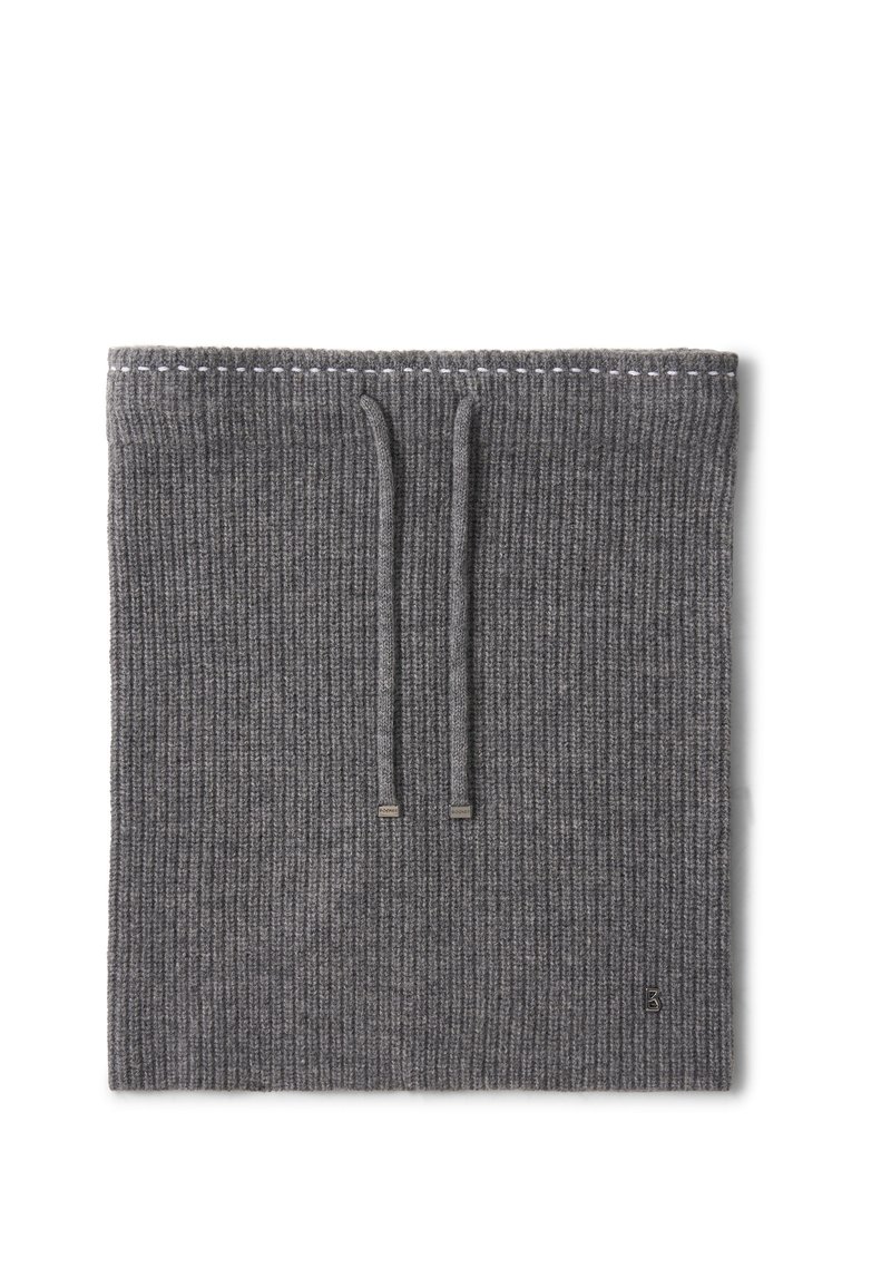Gray ribbed fabric neck gaiter with two drawstrings and contrasting stitching. Features a small logo at the bottom right corner.