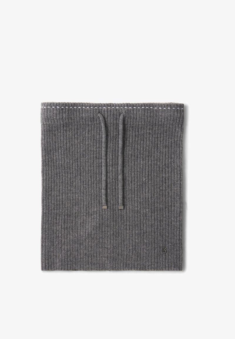 Grå ribbet stof halsgaiter med to snore og kontraststing. Har et lille logo i nederste højre hjørne.