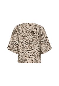 Bluzica kratkih rukava s leopard uzorkom u bež i crnoj boji, ima labav kroj i široki izrez, izrađena je od glatkog, laganog materijala.