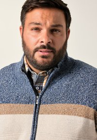 Pletený svetr v modro-krémových a hnědých pruzích. Zapínání na zip, texturovaná tkanina a vrstvený s kostkovanou košilí pod ním.