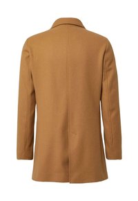 Bruine wolmix jas met een getailleerd ontwerp, rechte snit, ingetogen kraag en enkele split aan de achterkant. Heeft twee zijzakken.