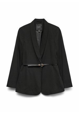 Blazer noir pour femme avec manches longues, col châle et ceinture fine avec boucle dorée à la taille, présenté sur un fond blanc.