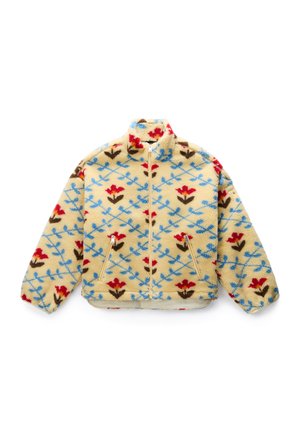 Crèmekleurig fleecejack met rode en bruine bloemmotieven en blauwe rankachtige ontwerpen, ritssluiting aan de voorkant en ritssluitingen aan de zijzakken.