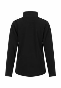 Zwarte fleece pullover met een hoge kraag en lange mouwen, met een gladde textuur en een klein rechthoekig label op de bovenrug.