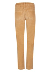 Ljusbruna kordurbyxor med elastisk midja, två bakfickor, slim fit och en mjuk textur.