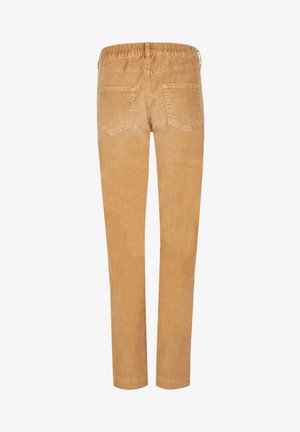 Pantalones de pana de color marrón claro con una banda elástica en la cintura, dos bolsillos traseros, corte ajustado y una textura suave.
